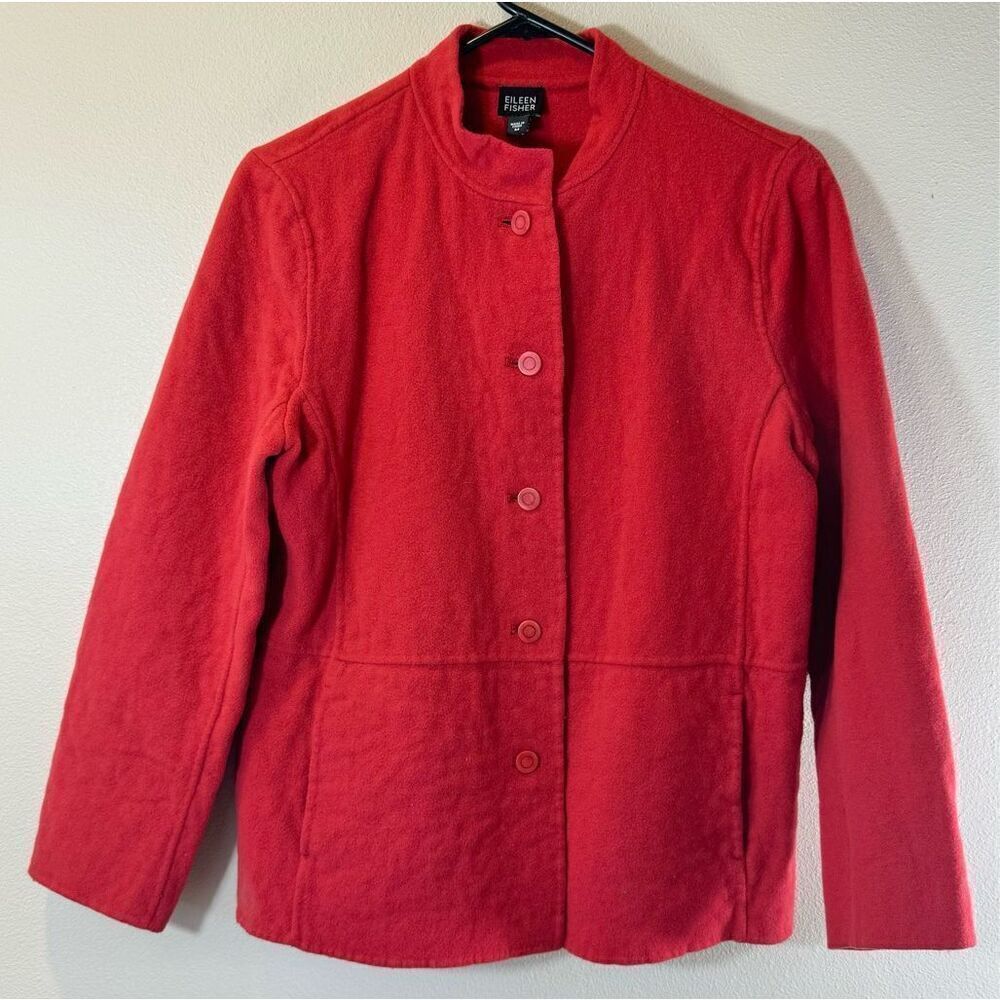 Eileen Fisher Virgin Wool Cashmere Blend Button Up Band Collar Women's Jacket M